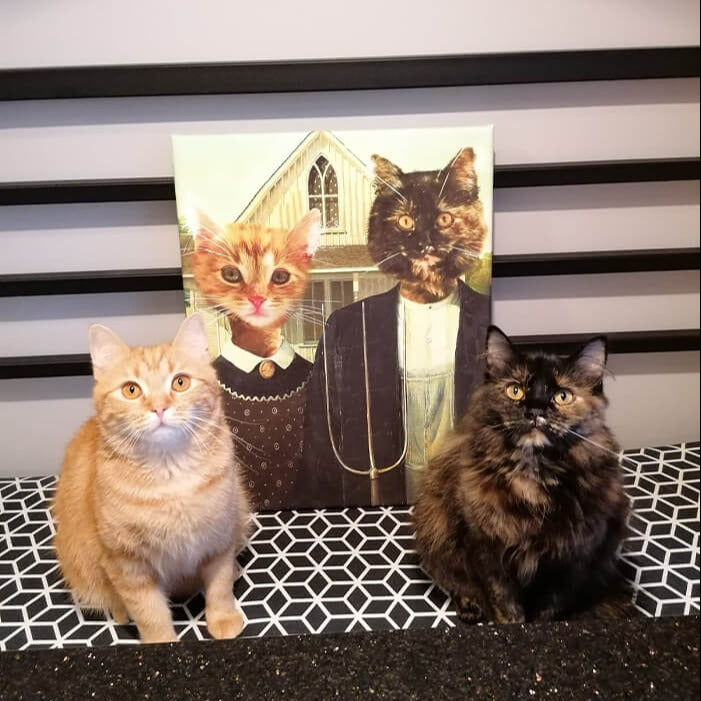 Portret kotów w strojach obrazu american gothic